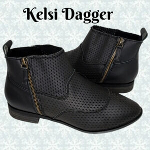 Kelsi Dagger Brooklyn Black Leather Cut Out Diamond Ankle Booties Sz 6